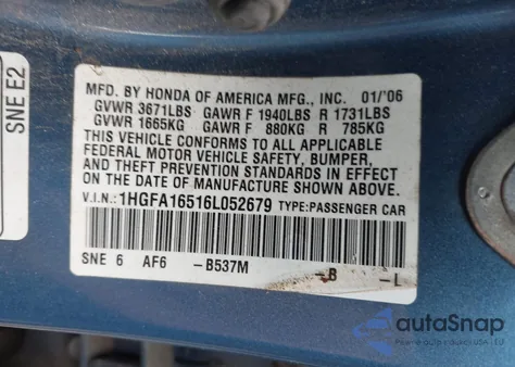 2006 Honda Civic Lx from USA, damaged, VIN 1HGFA16516L052679